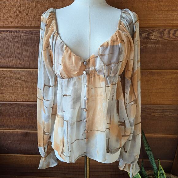 NWT Blu Pepper Womens Y2K Sheer Peasant Babydoll Top M Abstract Sweetheart - Picture 1 of 11